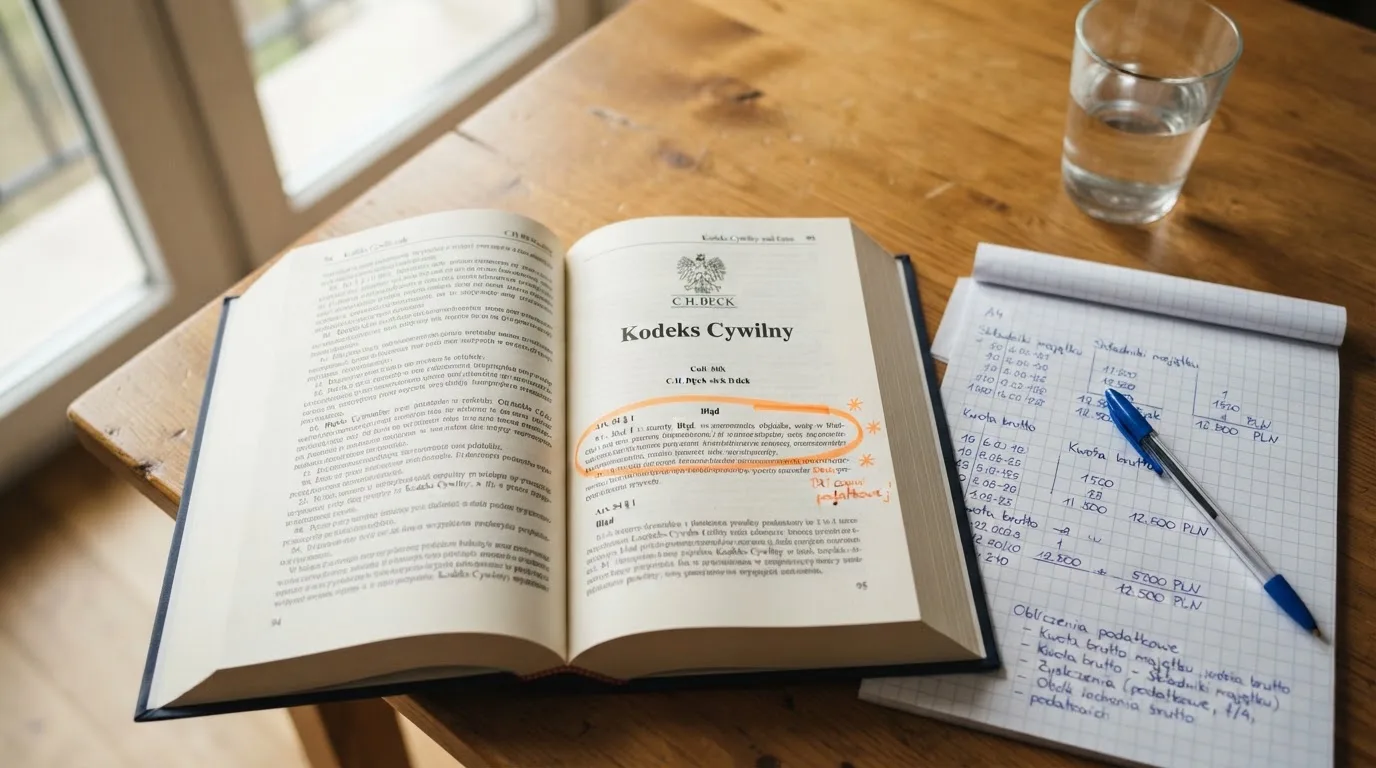 Wydruk kodeksu karnego skarbowego z zakreślonym artykułem obok kalkulatora i długopisu na biurku