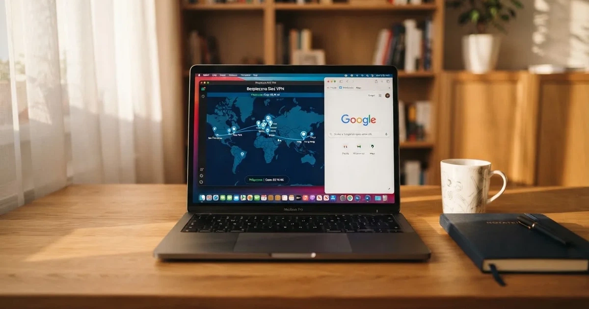 Laptop na biurku z włączoną aplikacją VPN i mapą serwerów w kilku krajach obok otwartej przeglądarki